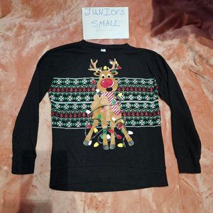 Juniors S Red Nose Reindeer Tangled Lights Glitter Black Sweatshirt NWOT